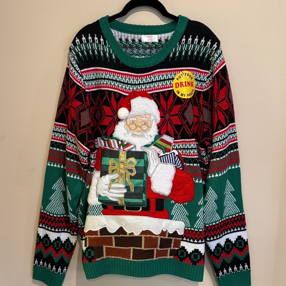 🎄Holiday Time Santa ugly Christmas Sweater with pouch for drink